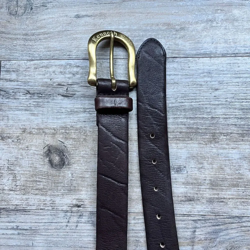 Kenneth Cole Brown Leather Belt Size 30 Gold Buckle Classic Minimalist Old Money